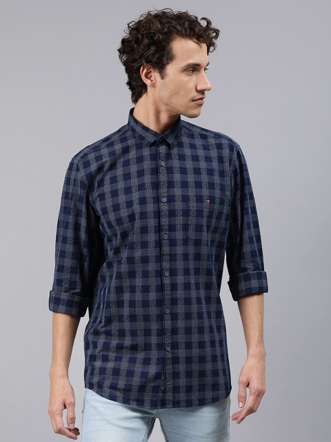 

Louis Philippe Jeans Men Navy Blue & White Slim Fit Checked Casual Shirt