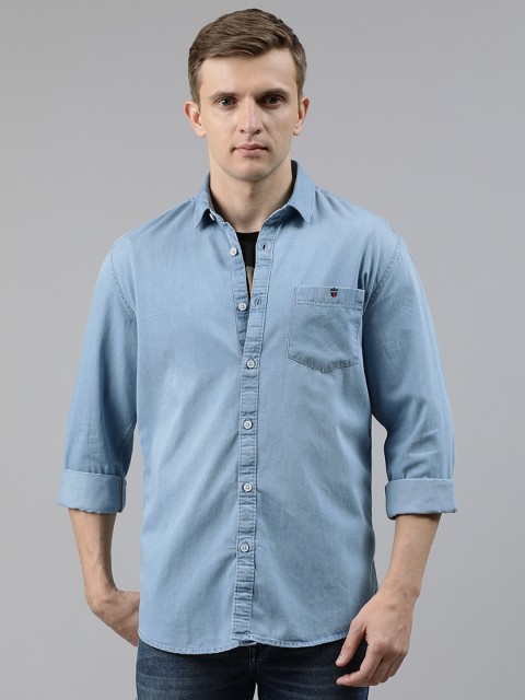 

Louis Philippe Jeans Men Blue Slim Fit Faded Casual Shirt with Black T-shirt