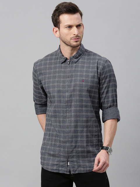

Louis Philippe Jeans Men Grey & White Slim Fit Checked Casual Shirt