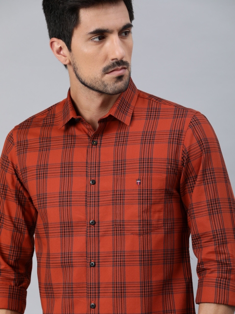 

Louis Philippe Jeans Men Rust Orange & Blue Slim Fit Checked Casual Shirt