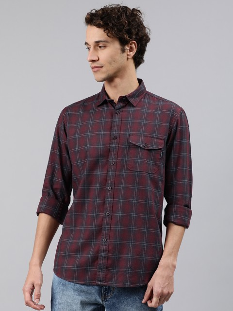 

Louis Philippe Jeans Men Rust Brown & Navy Blue Super Slim Fit Checked Casual Shirt