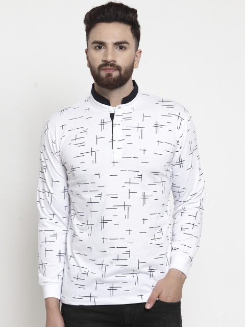 

WILD WEST Men White & Black Printed Mandarin Collar T-shirt