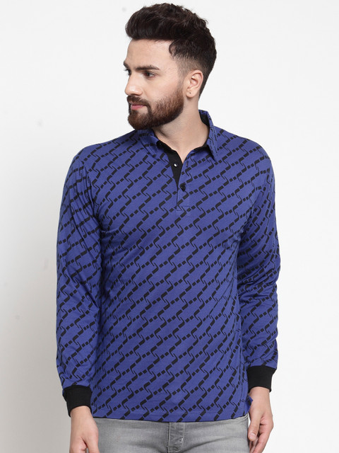 

WILD WEST Men Navy Blue Black Printed Polo Collar Pure Cotton T-shirt