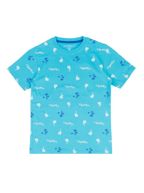 

Pantaloons Junior Boys Blue White Printed Round Neck Pure Cotton T-shirt