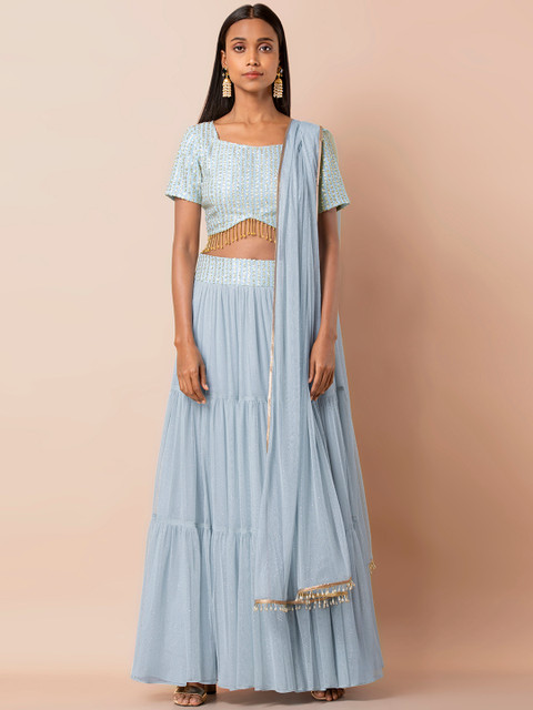

INDYA Blue Printed Glitter Pearl Lace Net Dupatta