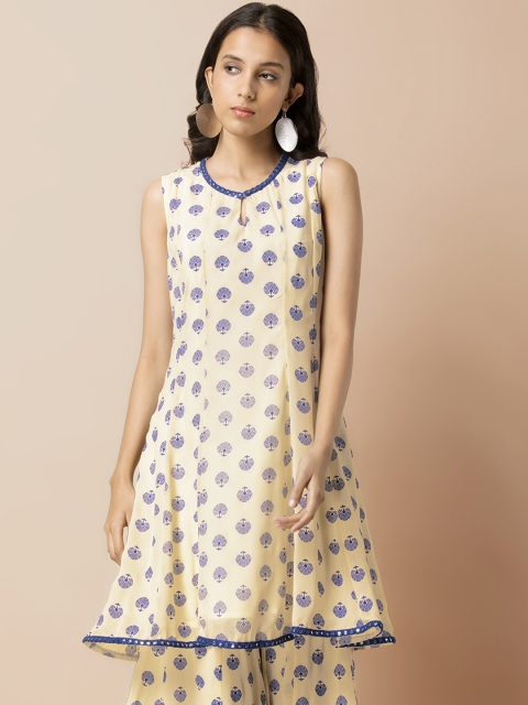 

INDYA Ivory Printed Short Kalidar Kurta, Beige