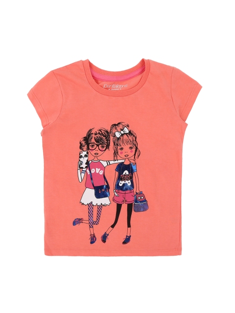 

Pantaloons Junior Girls Peach-Coloured Printed Round Neck Pure Cotton T-shirt