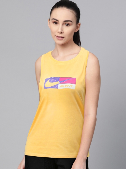 

Nike Women Yellow Dri-FIT Icon Clash Brand Logo Print Round Neck Training T-shirt