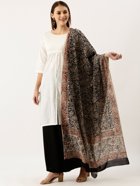 

Taavi Beige & Black Kalamkari Hand Block Printed Sustainable Pure Cotton Dupatta