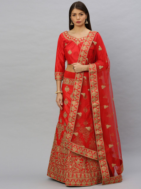 

SHAVYA Red & Gold-Toned Embellished Ready to Wear Lehenga & Unstitched Blouse with Dupatta