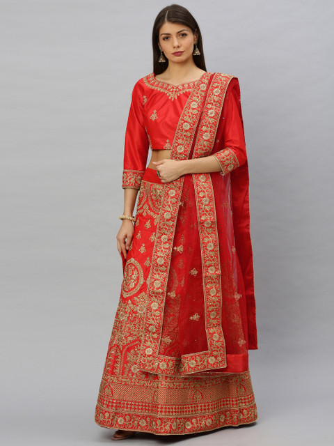 

SHAVYA Red & Gold-Toned Embroidered Ready to Wear Lehenga & Unstitched Blouse with Dupatta