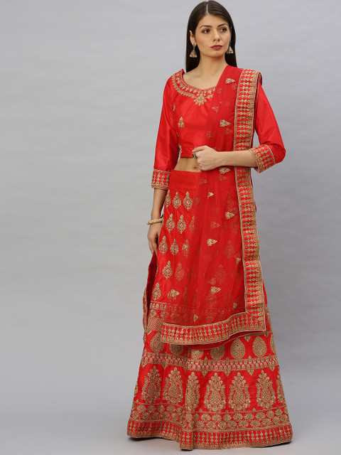 

SHAVYA Red & Gold-Toned Embellished Ready to Wear Lehenga & Unstitched Blouse with Dupatta