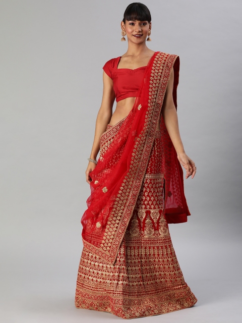 

SHAVYA Red & Gold-Toned Embellished Ready to Wear Lehenga & Unstitched Blouse with Dupatta