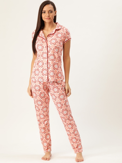 

Sweet Dreams Women White & Peach-Coloured Printed Night Suit