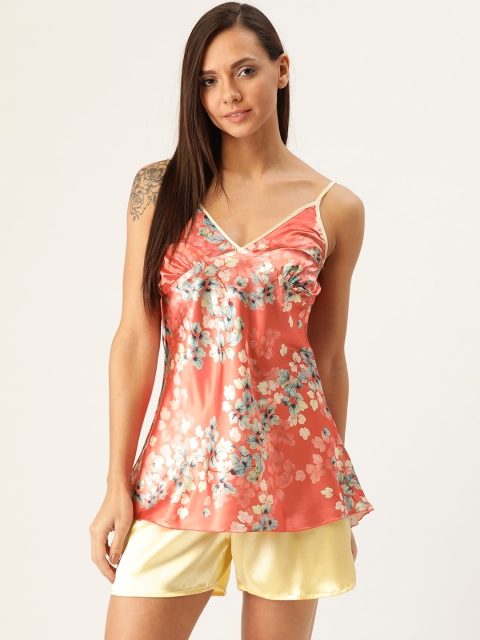 Women Coral Red & Beige Floral Print Satin Finish Shorts Set