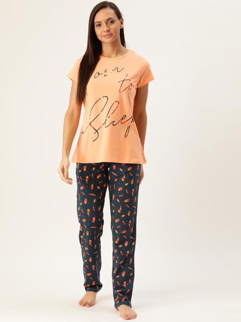

Sweet Dreams Women Peach-Coloured & Navy Blue Printed Night Suit
