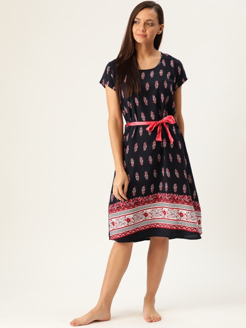 

Sweet Dreams Navy Blue & Pink Ethnic Printed Knee Length Nightdress with Belt