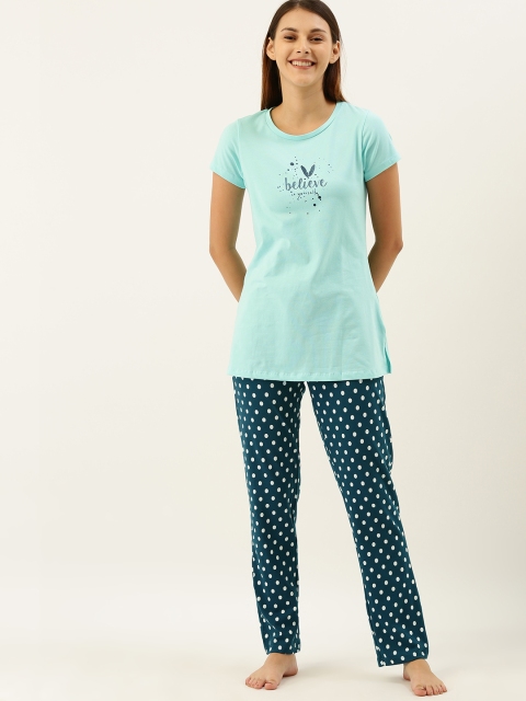 

Sweet Dreams Women Turquoise Blue & White Printed Night suit 2038AT