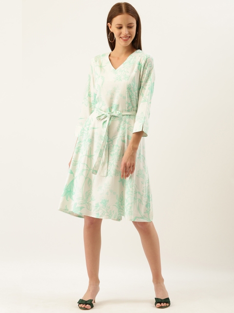 

AND Women White & Green Floral Printed Maternity A-Line Dress With Belt