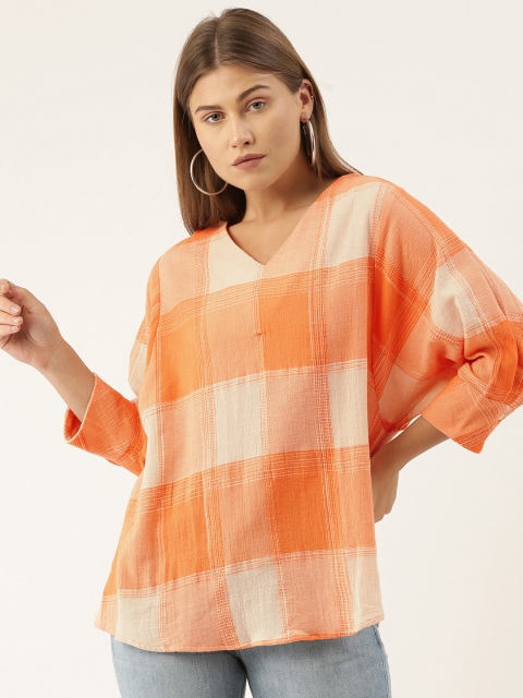 

AND Women Orange & Beige Checked Pure Cotton Regular Top