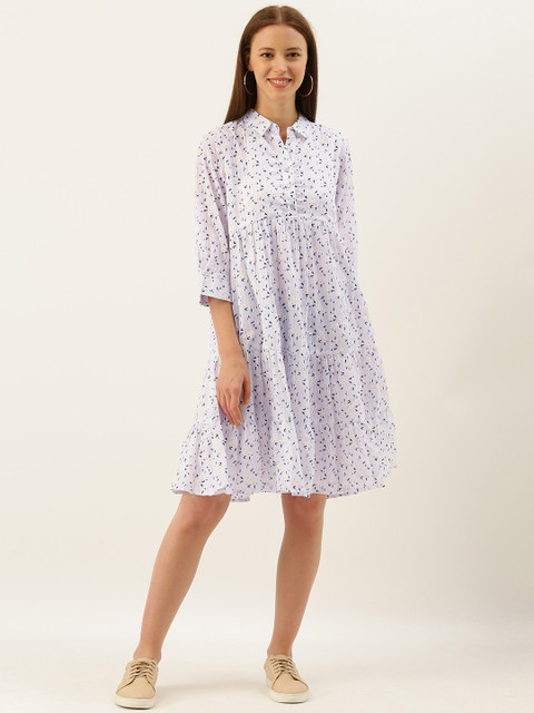 

AND Women White & Navy Blue Floral Printed Maternity Tiered Shirt Dress