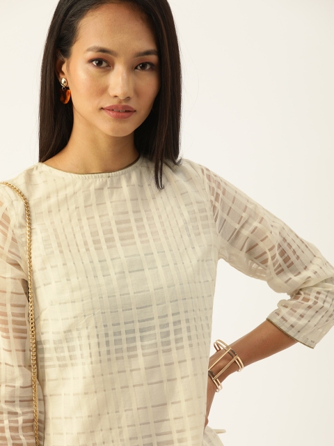 

Taavi WomenOff-White Checked Woven Legacy Straight Sustainable Kurta with Tassel Detail, Off white