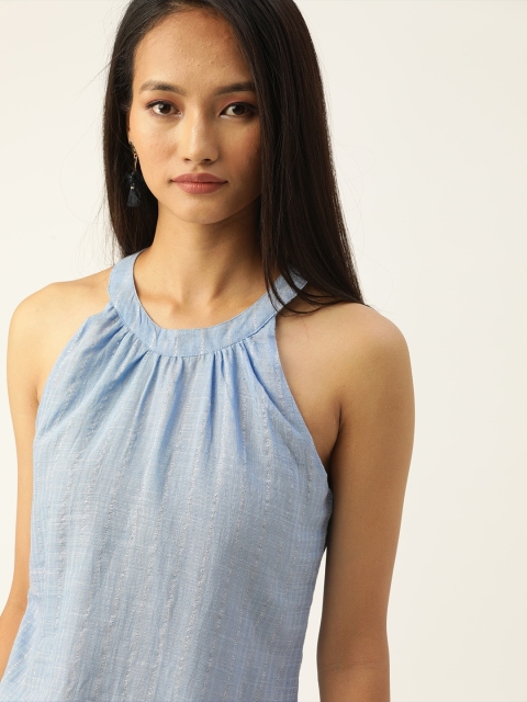 

Taavi Women Blue & Silver-Toned Striped Woven Legacy Straight Halter Neck Sustainable Kurta