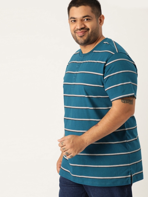 

Sztori Plus Size Men Teal Blue Grey Striped Henley Neck T-shirt