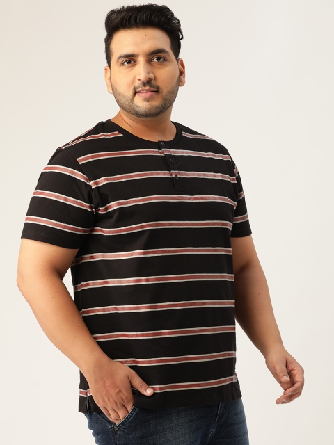 

Sztori Plus Size Men Black Brown Striped Henley Neck T-shirt