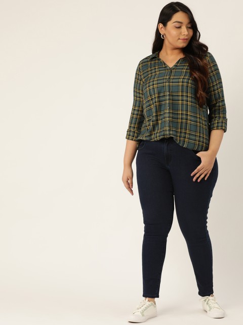 

Sztori Women Teal Green & Yellow Regular Fit Checked Plus Size Casual Shirt