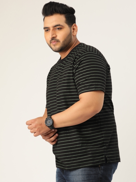 

Sztori Plus Size Men Black Olive Green Striped Round Neck T-shirt
