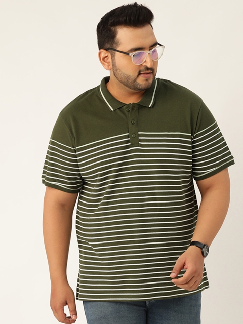 

Sztori Men Olive Green & White Striped Plus Size Polo Collar T-shirt