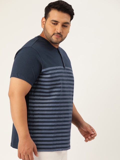 

Sztori Plus Size Men Navy Blue Striped Henley Neck T-shirt