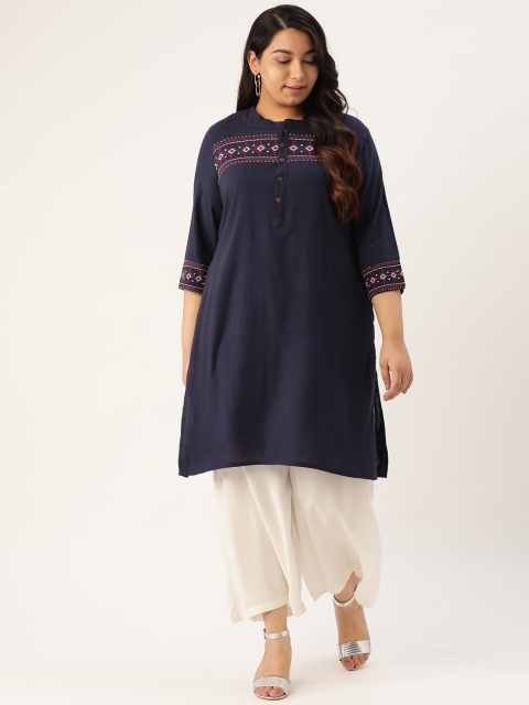 

Sztori Plus Size Women Navy Blue Yoke Design Straight Kurta