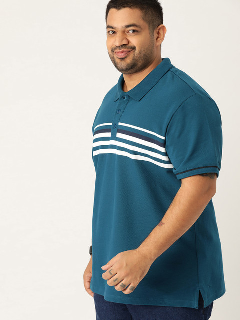 

Sztori Plus Size Men Teal Blue White Striped Polo Collar Pure Cotton T-shirt