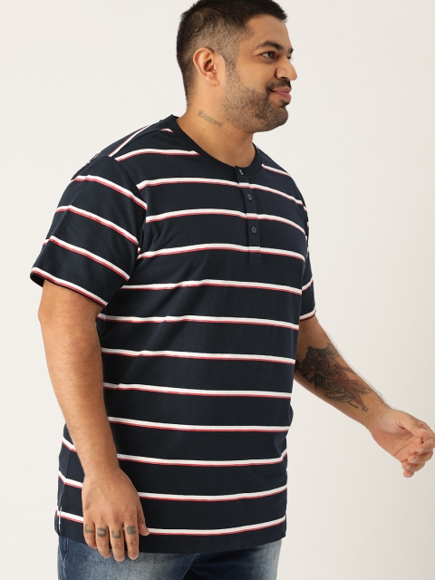 

Sztori Plus Size Men Navy Blue White Striped Henley Neck T-shirt