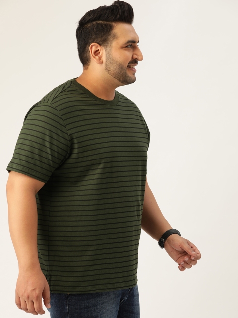 

Sztori Plus Size Men Olive Green Black Striped Round Neck T-shirt