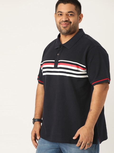 

Sztori Plus Size Men Navy Blue Striped Polo Collar Pure Cotton T-shirt