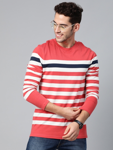 

Mast & Harbour Men Coral Orange & Off-White Striped Round Neck T-shirt