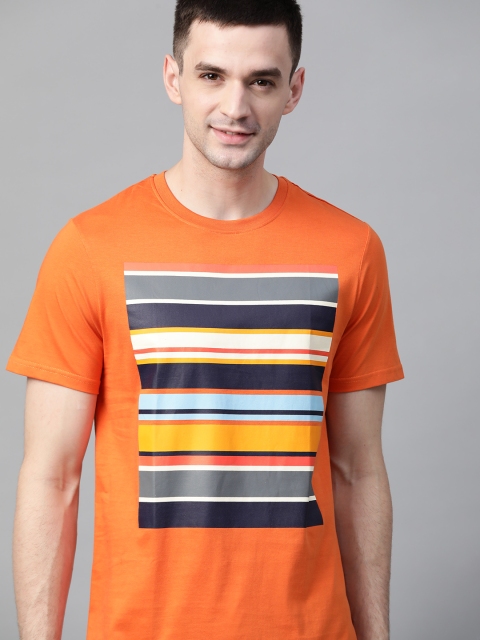 

Mast & Harbour Men Orange Striped Round Neck T-shirt