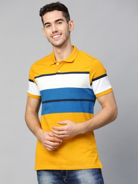 

Mast Harbour Men Mustard Yellow Teal Blue Striped Polo Collar Pure Cotton T-shirt