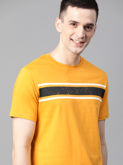 

Mast & Harbour Men Mustard Yellow & Black Striped Round Neck T-shirt