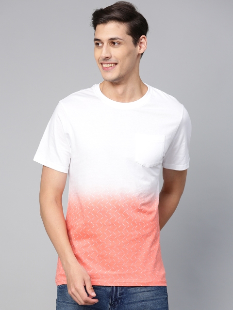 

Mast & Harbour Men White & Peach-Coloured Printed Detail Ombre Dyed Round Neck T-shirt