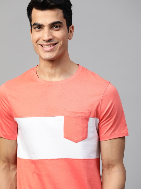

Mast & Harbour Men Coral Orange & White Colourblocked Round Neck T-shirt