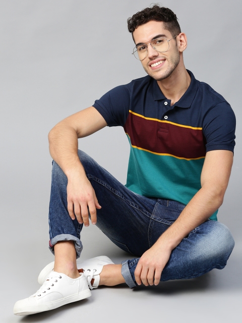 

Mast & Harbour Men Teal Green & Maroon Colourblocked Polo Collar T-shirt