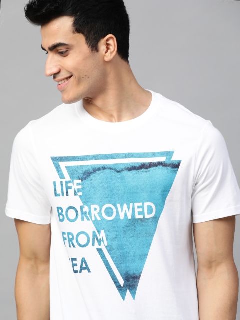 

Mast & Harbour Men White & Blue Printed Round Neck T-shirt