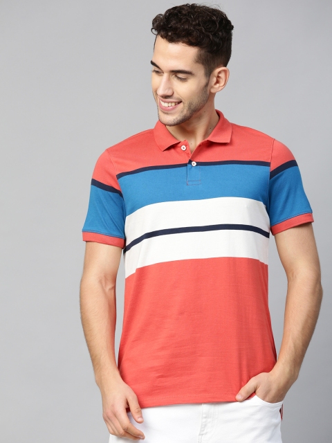 

Mast Harbour Men Rust Orange White Striped Polo Collar Pure Cotton T-shirt