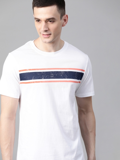 

Mast & Harbour Men White & Navy Blue Striped Round Neck T-shirt