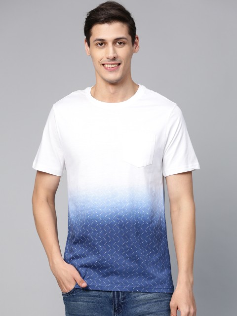 

Mast & Harbour Men White & Blue Printed Detail Ombre Dyed Round Neck T-shirt