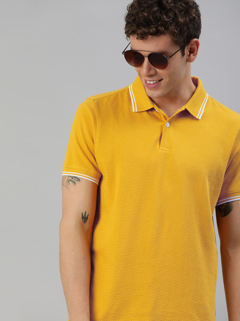 

Mast & Harbour Men Mustard Yellow Self Design Polo Collar T-shirt
